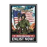 Vintage-style For Crease & Country Hobo Lax Poster with soldier, American flag, and text 'Defend the Crease, Hold the Line, Enlist Now!'